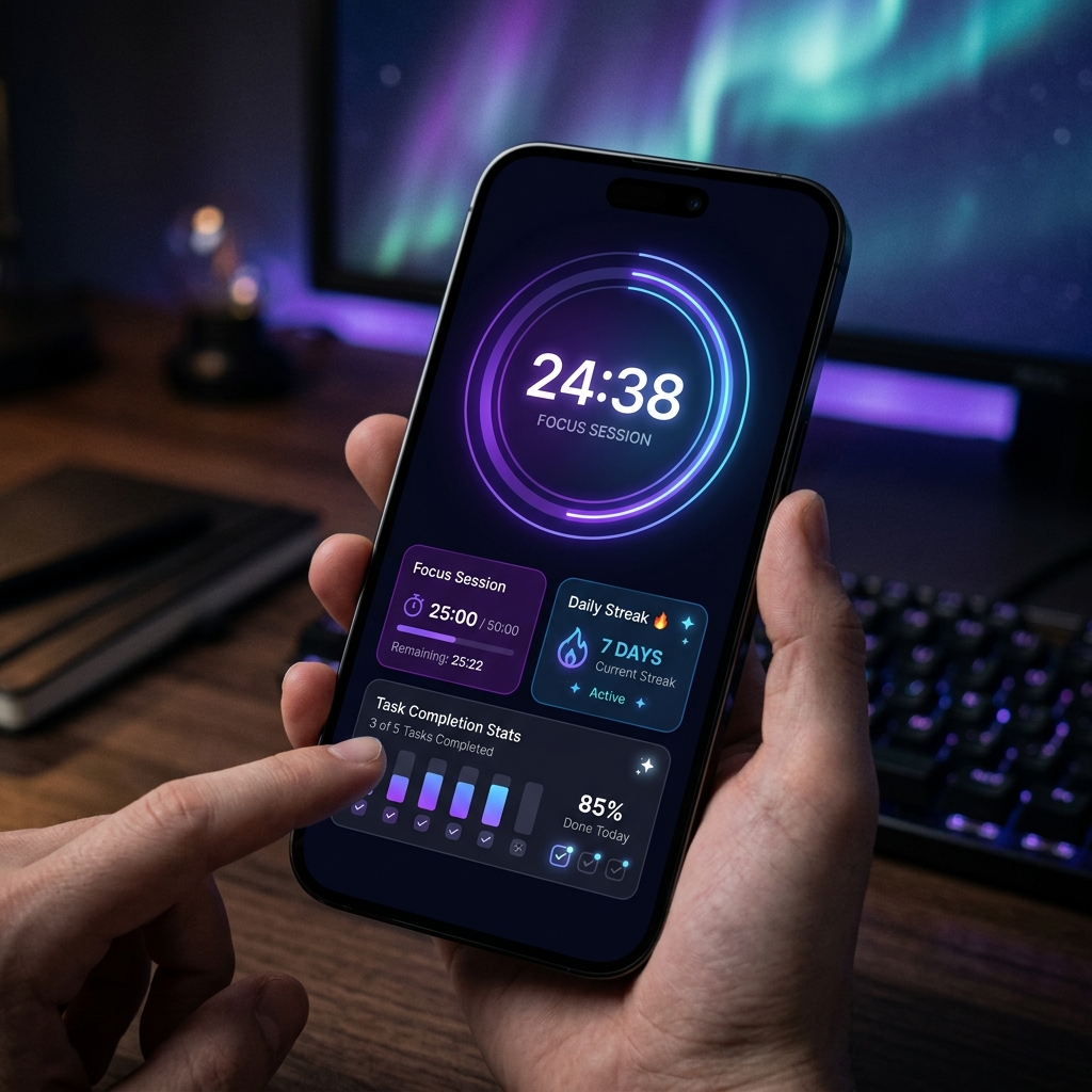FocusApp mobile interface showing focus timer and streak tracking
